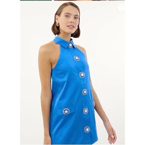 NWT My Beachy Side Amber Hand Crochet Buttons Halter Mini Dress in Blue Medium - Picture 4 of 16